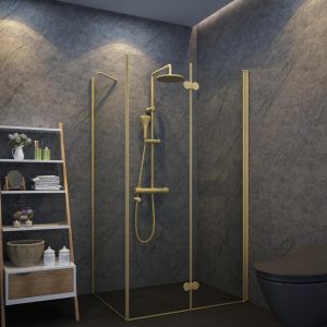 מקלחון פינתי הרמוניקה מתקפל וקיר צד קבוע פרזול זהב