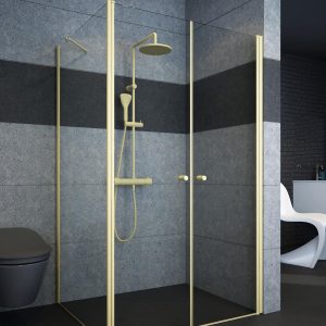 מקלחון פינתי חזית 2 דלתות IN&OUT וקיר צד קבוע