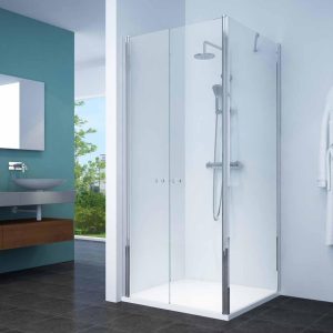 מקלחון פינתי חזית 2 דלתות וקיר צד קבוע